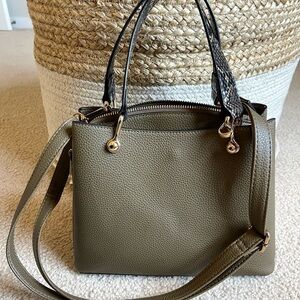 Handbag, olive with snake skin handle. Aldo brand. 10W by 9H. Like NEW.